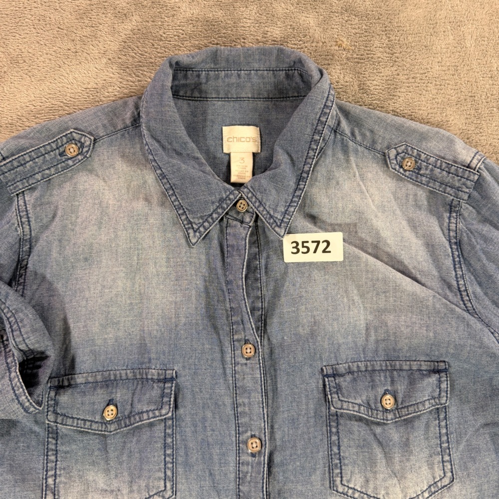 Chico's Denim Shirt Women Size 3 Blue Chambray Tie‎ Front Roll Tab Sleeve